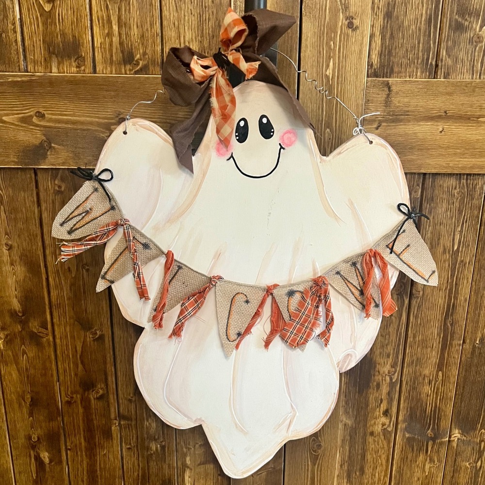 Handmade Wooden Ghost Door Hanger Halloween Welcome Sign Burlap Banner 20 Inch
